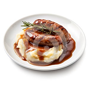 Savory British Bangers and Mash with Gravy on a Plate .