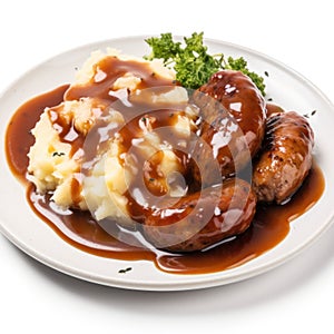 Savory British Bangers and Mash with Gravy on a Plate .