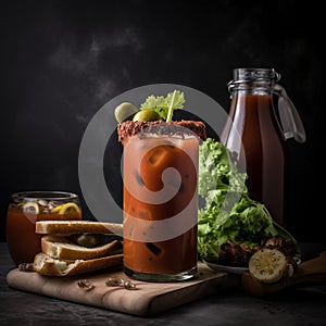 Savory Caesar drink in tall glass with savory snacks