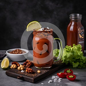 Savory Caesar drink in tall glass with savory snacks