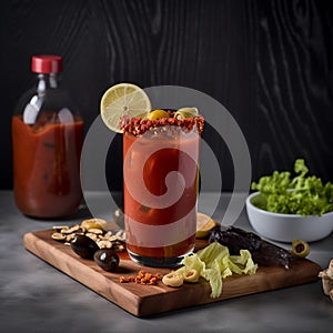 Savory Caesar drink in tall glass with savory snacks