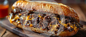 Savory Cheesesteak Delight on a Hoagie Bun. Concept Fast Food, Sandwiches, Cheese, Grilled Meat, photo