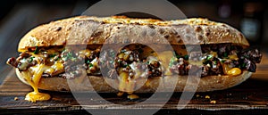 Savory Cheesesteak Symphony: Juicy Beef Meets Melted Cheese. Concept Cheesesteak, Food Photography,