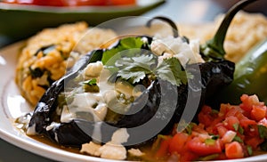 Savory close-up of Chiles Rellenos stuffed with queso fresco and herbs, served with a side of black beans and pico de gallo