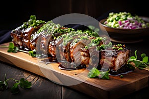 Savory close up of roasted barbecue pork ribs, perfectly sliced and bursting with flavor