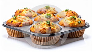 Savory Golden Corn Muffins in Muffin Tin on White Background