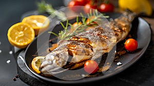 Savory Grilled Fish Delight on Dark Background, Culinary Excellence