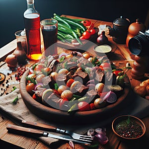 Savory grilled meat skewers with vegetables on a platter