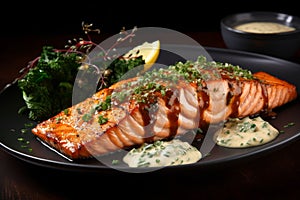 Savory Grilled salmon food nature. Generate Ai
