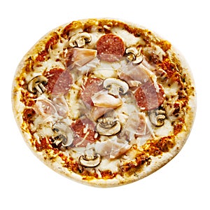 Savory ham and salami pizza with mushroom topping photo