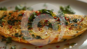 Savory herb omelet with chili flakes in pan