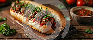 Savory Meatball Sub Delight with Fresh Herbs and Mozzarella. Concept Meatball Subs, Savory Recipes,