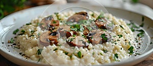 Savory Mushroom Risotto Delight with Fresh Herbs. Concept Mushroom Risotto, Fresh Herbs, Savory