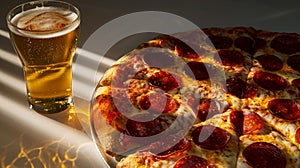 Savory Pepperoni Pizza and Refreshing Beer in Golden Light.