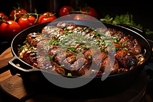 Savory rendezvous, Grilled sausage accompanied by cherry tomatoes, set dramatically