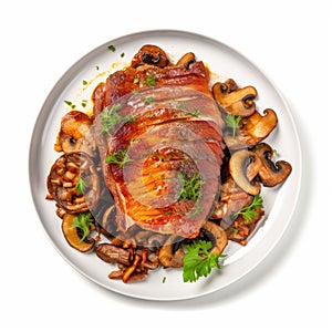 Savory Roast Pork With Mushrooms And Herbs On A Plate