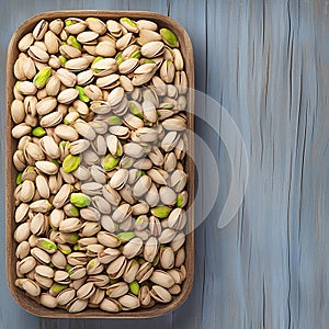 Savory roasted pistachios displayed attractively on textured wood backdrop