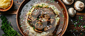 Savory Salisbury Steak & Mash in Rustic Setting. Concept Homemade Cuisine, Comfort Food, Rustic