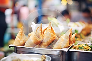 savory samosas arranged in a vibrant food stall