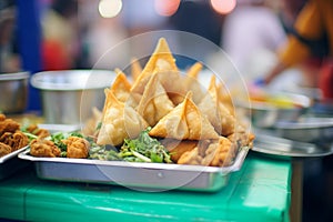 savory samosas arranged in a vibrant food stall