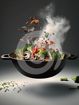 A savory skillet of beef and veggie stirfry with aromatic es floating in the air.. AI generation
