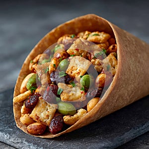 Savory snack mix in a paper cone on dark background