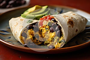 A savory, Southwestern-style breakfast burrito, filled with scrambled eggs, avocado, black beans, and salsa, served patterned