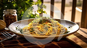 Savory Spaghetti Aglio e Olio on Colorful Plate at Golden Hour