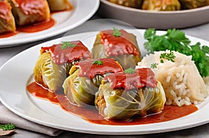 Savory Stuffed Cabbage with Rice: Delectable Dish on a White Table.