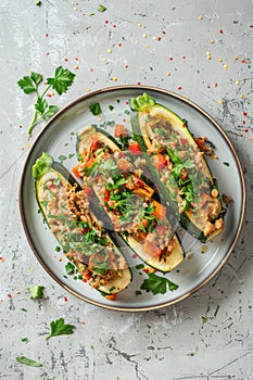 Savory stuffed zucchini boats on a dark plate with fresh parsley garnish