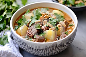 Savory thai massaman curry in a rustic bowl with cilantro garnish