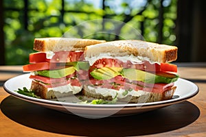 Savory toasted tomato sandwich on white plate in modern restaurant, breakfast menu with copy space