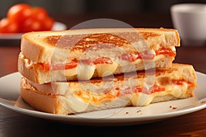 Savory toasted tomato sandwich on white plate in modern restaurant, breakfast menu with copy space