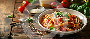 Savory Tomato Pasta with Fresh Basil and Grated Parmesan. Concept Italian Cuisine, Pasta Recipes,