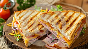 Savory triangle sandwich with ham, cheese, and tomato salad, a delightful and satisfying meal option