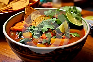 Savory Vegan Sweet Potato Mexican Tacos Soup A Vegetarian Delight. Generative AI