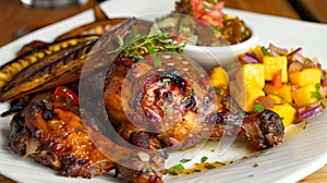A savory and y jerk chicken dish served with a side of plantains and mango chutney