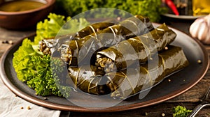Savour the Delight: Mouth-Watering Stuffed Grape Leaves, Exquisitely Presented with a Parsley Garnis photo