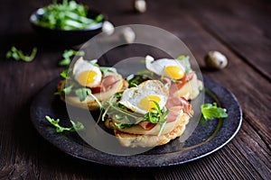 Savoury yoghurt and scallion pancakes with Black Forrest ham, smoked cheese, quail egg and arugula