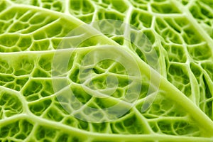 Savoy cabbage corrugated structure green leaf, close-up macro, background wallpaper, selective focus