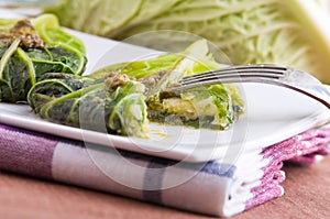 Savoy cabbage rolls on white dish.