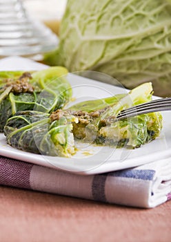 Savoy cabbage rolls on white dish.