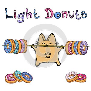 Savoyar the Cat Holding Barbell with Donuts. Light Donut. Cute Cheerful Fun Red or Ginger Kitty with Hands Held High