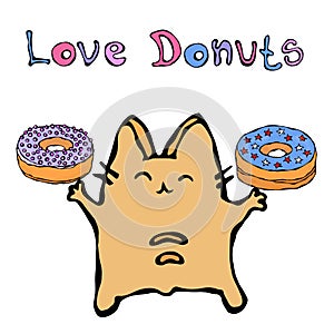 Savoyar the Cat Holding Donuts. Love Donut. Cute Cheerful Fun Red or Ginger Kitty with Hands Held High. Adorable Kitten