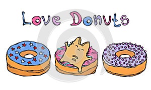 Savoyar the Cat Lying on a Donut. Love Donuts. Cute Cheerful Fun Red or Ginger Kitty with Hands Held High. Adorable Kitten with Ha