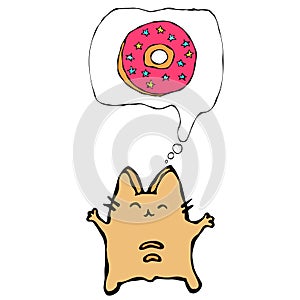 Savoyar the Cat Thinking Dreaming About Donuts. Love Donut. Cute Cheerful Fun Red or Ginger Kitty with Hands Held High