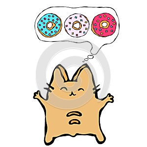 Savoyar the Cat Thinking Dreaming About Donuts. Love Donut. Cute Cheerful Fun Red or Ginger Kitty with Hands Held High. Adorable K