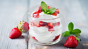 savoyardi crumb and fresh strawberry in glass on marble. Generative AI