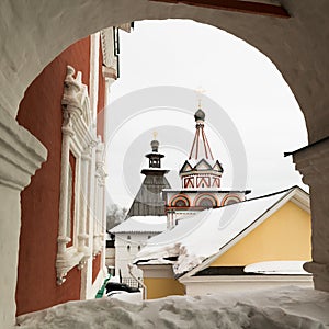 Savvino-Storozhevsky monastery in Zvenigorod in winter day. Moscow region.