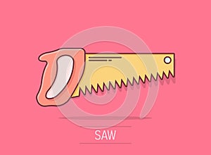 Saw blade icon in comic style. Working tools cartoon vector illustration on isolated background. Hammer splash effect business